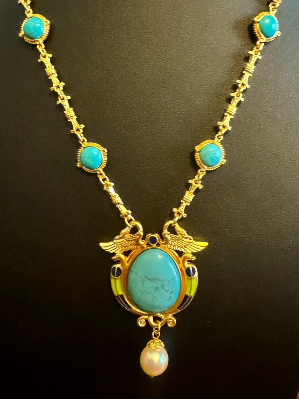 Vintage Gold-Tone Turquoise Pendant Necklace with Pearl Drop